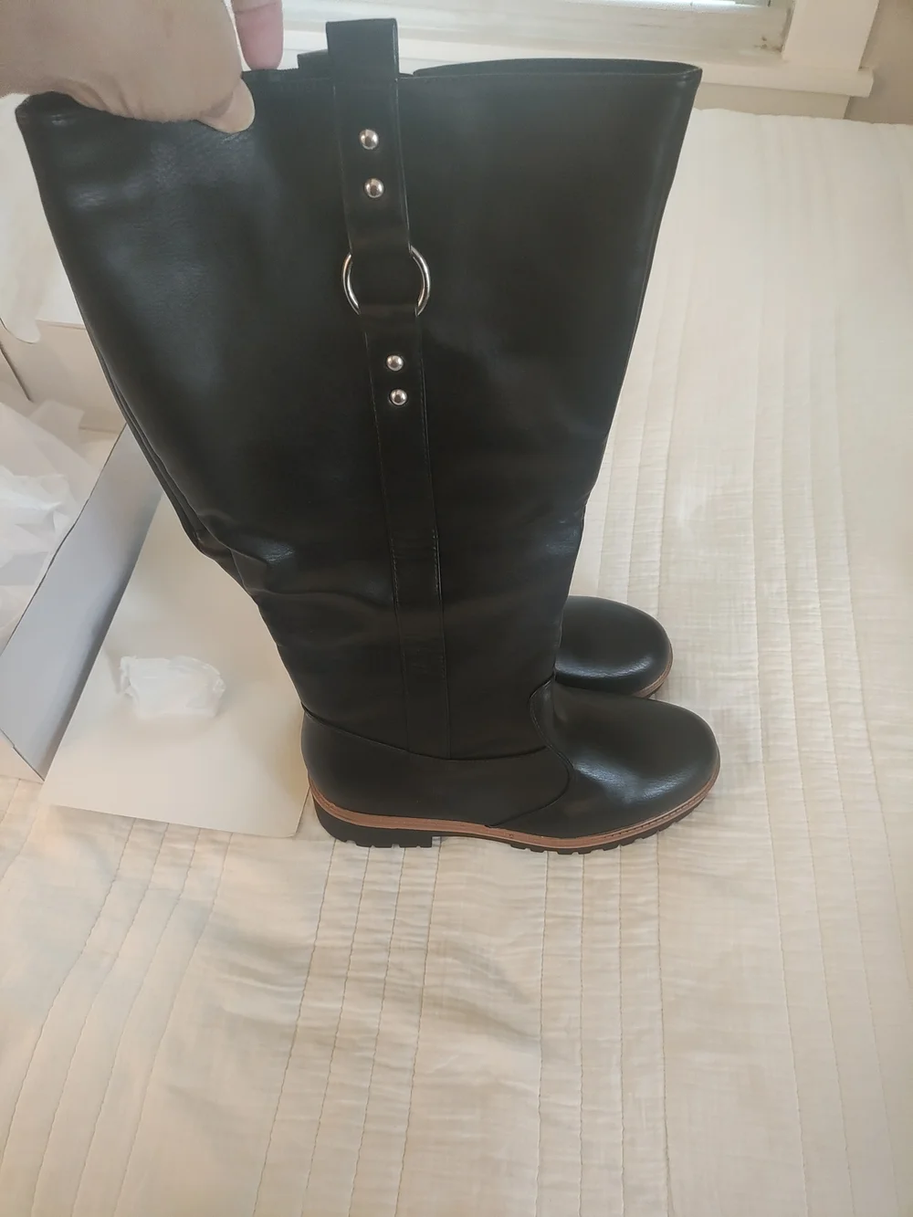 Over-the-Knee Wide Calf Sz 10 Black Leather-Effect Riding Boots with Ring Accent